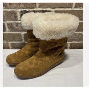 COACH Signature TERI Chestnut Monogram Suede Sherpa Lined Boots Comfort Size 7.5
